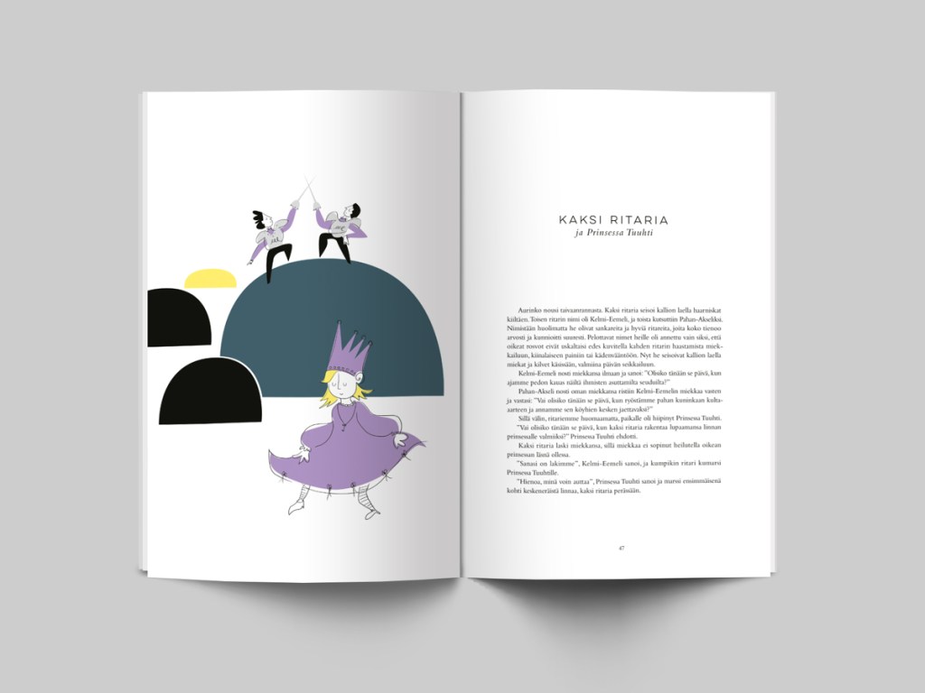 Satuja Vestalle kuvitus ja taitto, esimerkkiaukeama prinsessa ja ritarit tarinasta.
Children's storybook illustration and layout graphic design, example spread with princess and two knights.