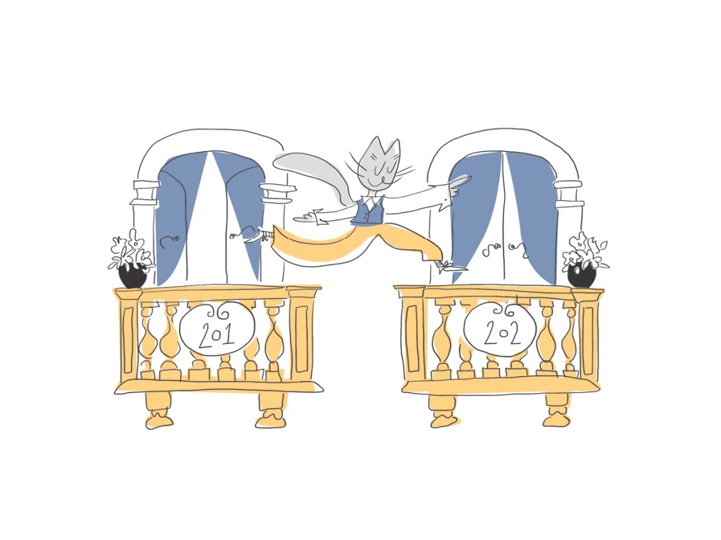 Satuja Vestalle kirjan kuvitus ja taitto. Pehmeät värit, ihanat eläin hahmot. Kissa hyppää hotellin parvekkeelta toiselle.
Children's story book illustration and graphic design. Midcentury modern style. Cat leaping from one hotel balcony to next.