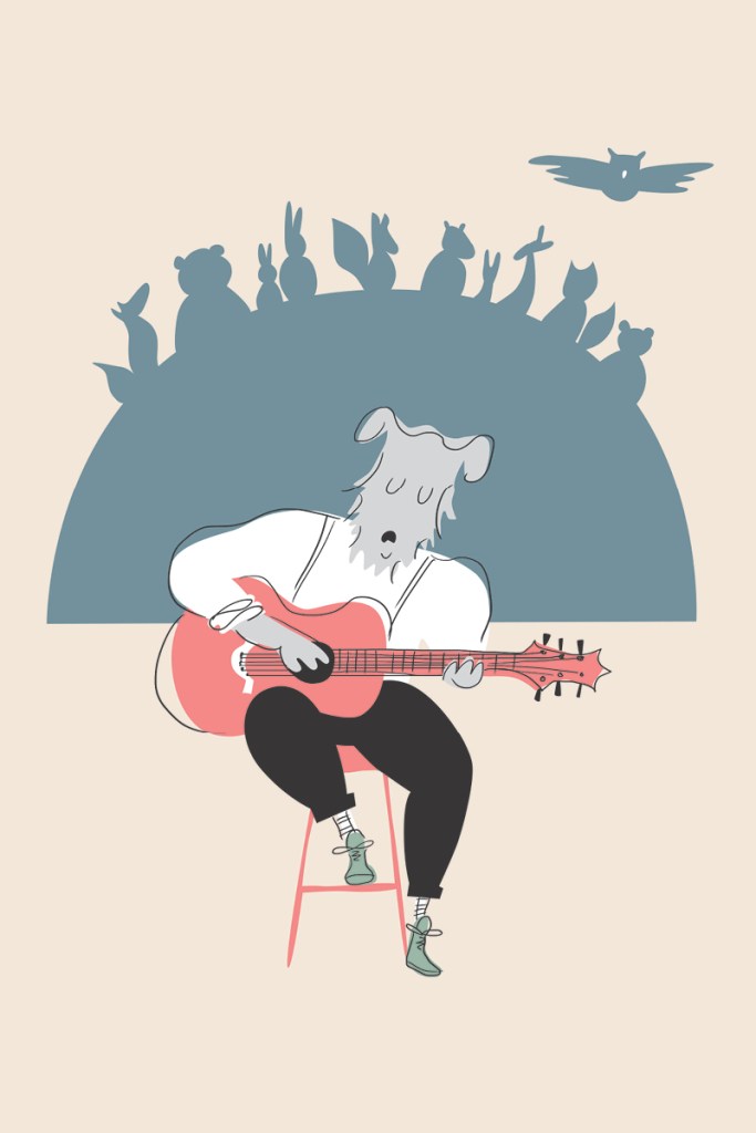 Satuja Vestalle kirjan kuvitus ja taitto. Pehmeät värit, ihanat eläin hahmot. Koira soittaa kitaraa.
Children's story book illustration and graphic design. Midcentury modern style. Dog playing guitar.