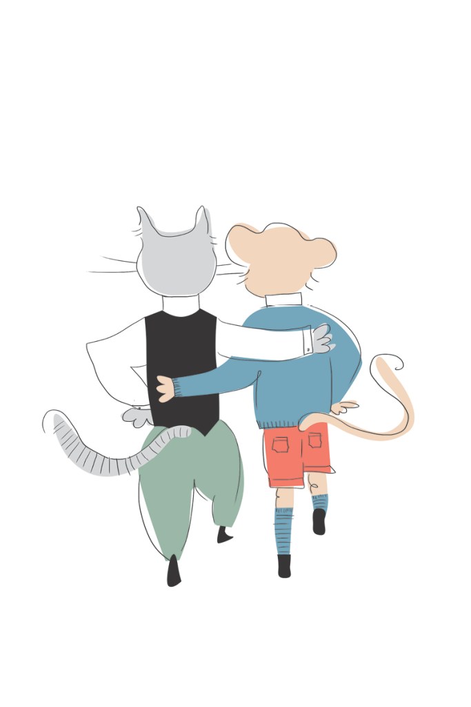 Satuja Vestalle kirjan kuvitus ja ihanat eläinhahmot kissa ja apina.
Children's storybook illustration of a cat and monkey, the best animal friends.