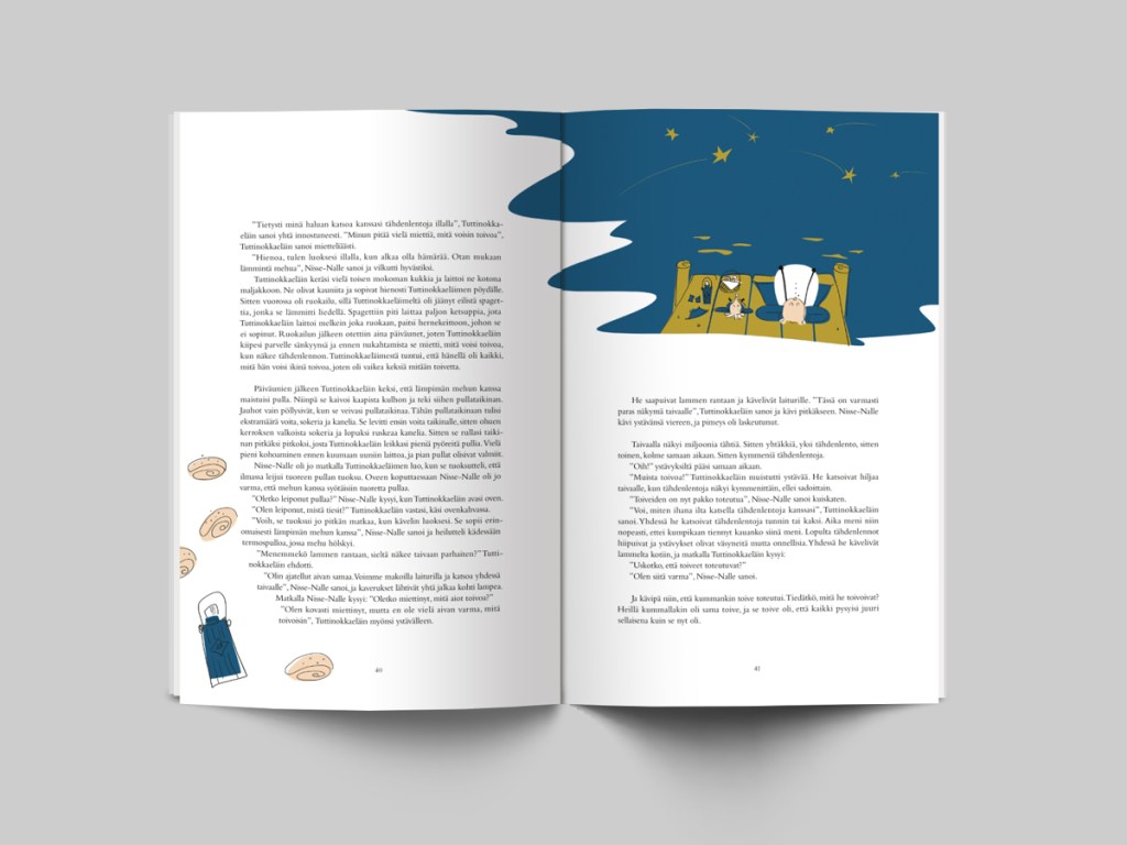 Satuja Vestalle kirjan kuvitus ja taitto, esimerkkiaukeama.
Children's story book illustration and graphic design, example spread. Midcentury modern style.